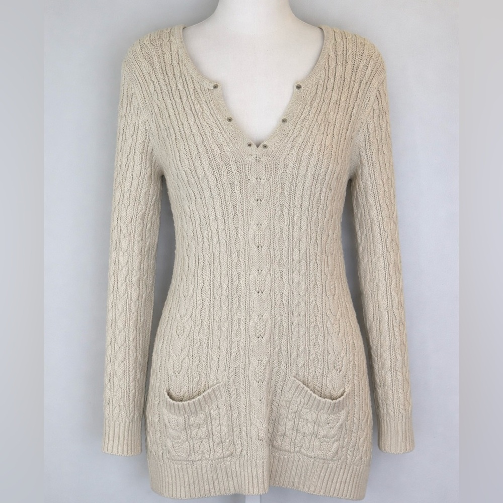 Vintage Jeanne Pierre Women’s L Beige Cable Knit Cotton Sweater Tunic Pockets